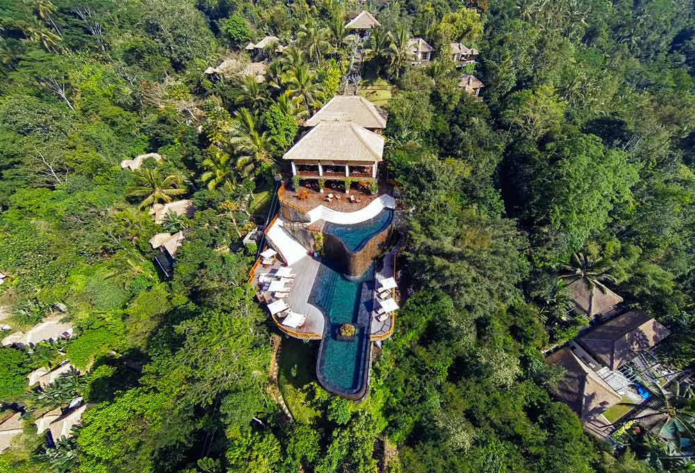 Aerial shot of Hanging Gardens Ubud in Bali, Indonesia