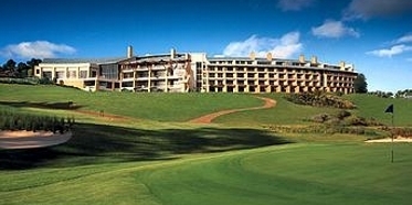 Golf course and hotel exterior