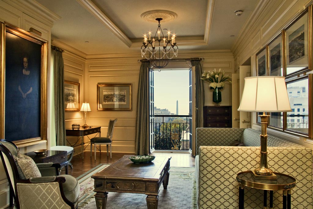 Martha Jefferson Suite: This top-floor suite at The Jefferson Hotel in Washington, DC affords romance with city and skylight views accented by three Juliet balconies which open to allow an abundance of fresh air into the suite. A pale, Tiffany-inspired blue accents the suite's soft palette of creams and grays, which is carried throughout its living room (featuring a gas fireplace), intimate dining room for two or four, and bedroom with a canopied King bed. The Martha Jefferson Suite's bathroom features a soaking tub for two and intricate mosaic tiling. An additional powder room is found in the suite and a second king bedroom can be connected to create a two-bedroom luxury accommodation. Martha Jefferson Suite: This top-floor suite at The Jefferson Hotel in Washington, DC affords romance with city and skylight views accented by three Juliet balconies which open to allow an abundance of fresh air into the suite. A pale, Tiffany-inspired blue accents the suite's soft palette of creams and grays, which is carried throughout its living room (featuring a gas fireplace), intimate dining room for two or four, and bedroom with a canopied King bed. The Martha Jefferson Suite's bathroom features a soaking tub for two and intricate mosaic tiling. An additional powder room is found in the suite and a second king bedroom can be connected to create a two-bedroom luxury accommodation.