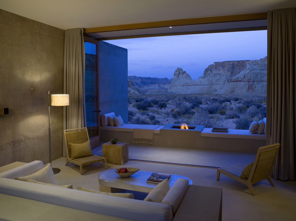 View of an evening fire from a Mesa View Suite at Amangiri in Canyon Point, Southern Utah courtesy of Amanresorts View of an evening fire from a Mesa View Suite at Amangiri in Canyon Point, Southern Utah courtesy of Amanresorts