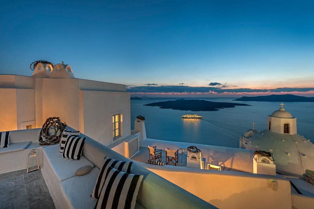 Terrace and Lounge at Aigialos Hotel, Santorini, Greece