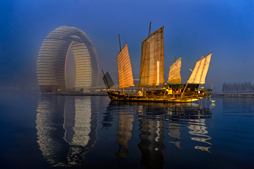 The Sheraton Huzhou Hot Spring Resorts Exterior at Dawn