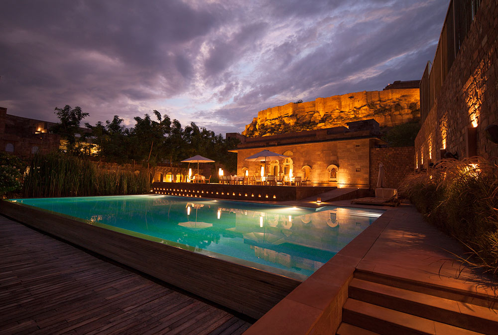 View of the Mehrangarh Fort from the pool area of RAAS Jodphur
