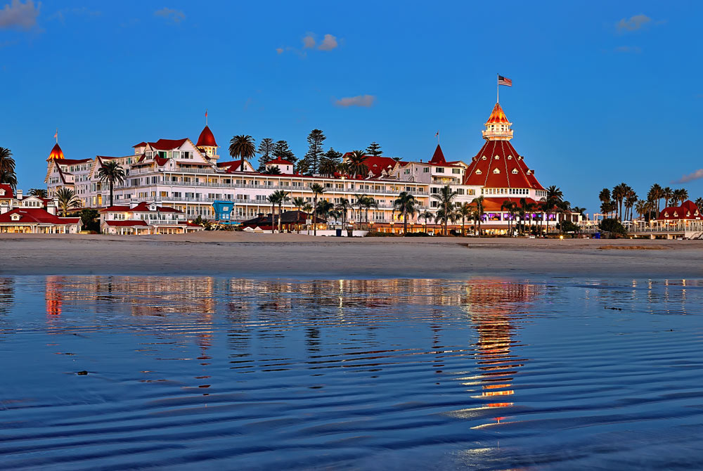 Hotel del Coronado at sunset.