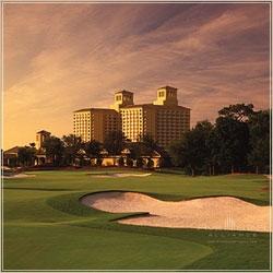 Golf course and hotel exterior