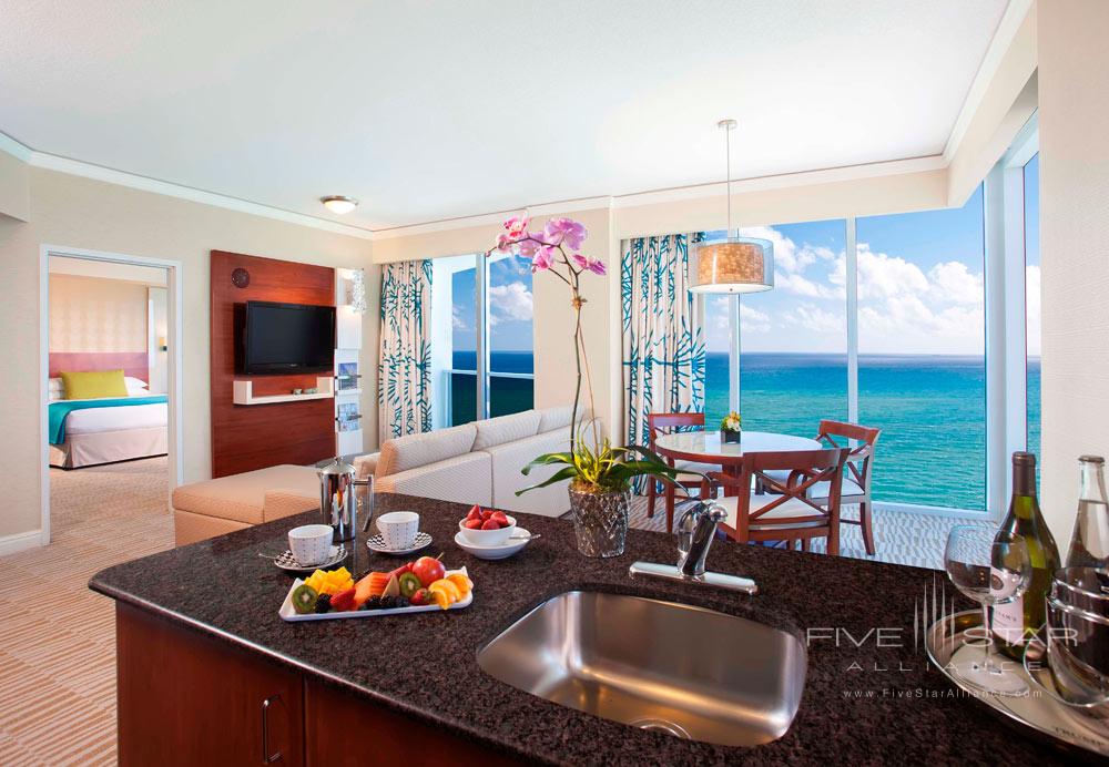 One Bed Suite Kitchen and Living Area at Trump International Beach Resort in Sunny Isles Beach, FL