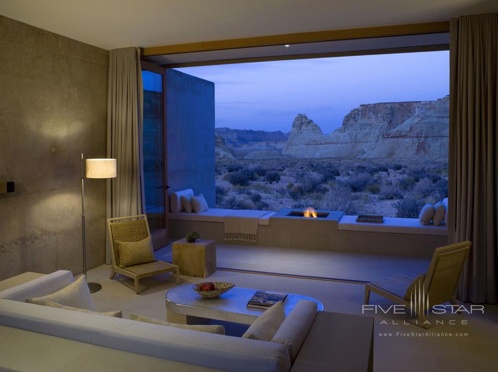 View of an evening fire from a Mesa View Suite at Amangiri in Canyon Point, Southern Utah courtesy of Amanresorts
