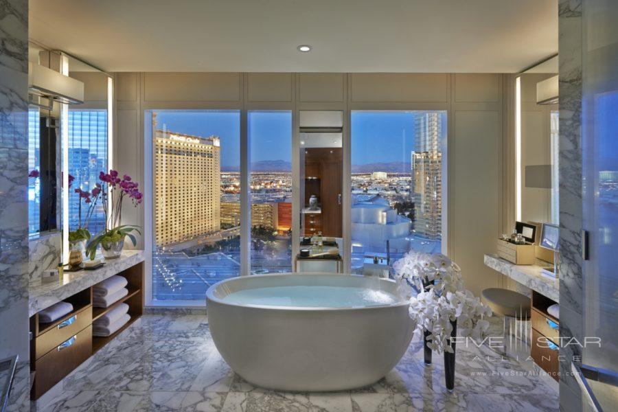 Experience Sin City from an Apex Suite at Mandarin Oriental Las Vegas. In the bedroom, two glass walls dramatically converge for a 270 degree view of The Strip and CityCenter. In additionguests will enjoy a large glass-enclosed bathroom with walk-in showera stand-alone tubdining areabarand pantry. Goose down bedding and pillow serviceFrette bathrobes and an interactive entertainment system rounds out the reasons to stay in.