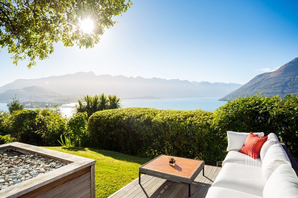 Outdoor seating area with panoramic views at Azur Lodge, Queenstown