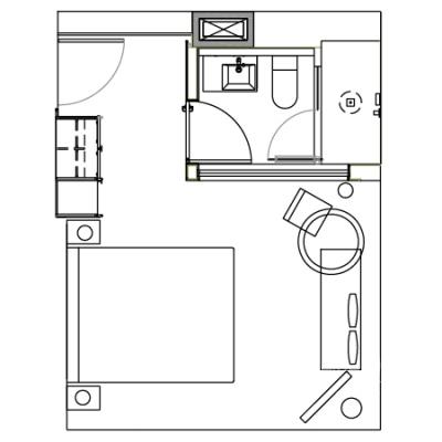 Corner Studio guestroom floorplan at the James New York Soho Hotel