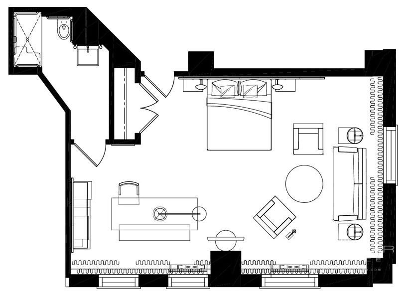 Loft hotel rooms are 465-480 square feet. They include a King sized bed and living room area with pull out sofa, Classic city views with large work area custom lighting and more.