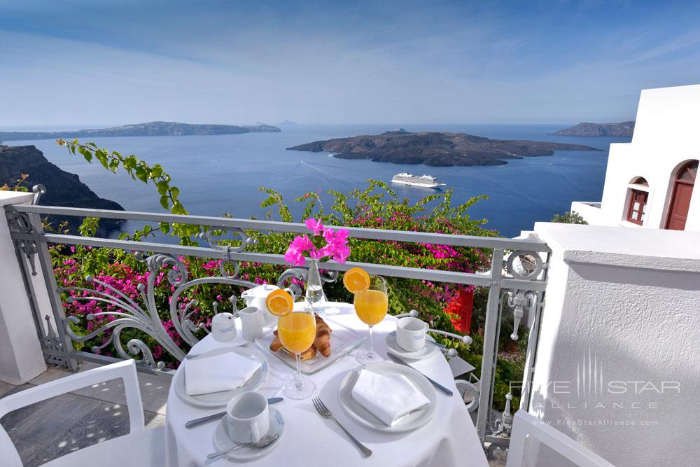 Breakfast on Apiliotis Balcony Overlooking Views at Aigialos Hotel, Santorini, Greece