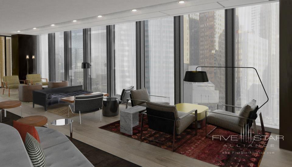 The Langham Chicago. The lounge at Travelle, offering spacious mid-century design and floor-to-ceiling views of the skyline and Chicago River.