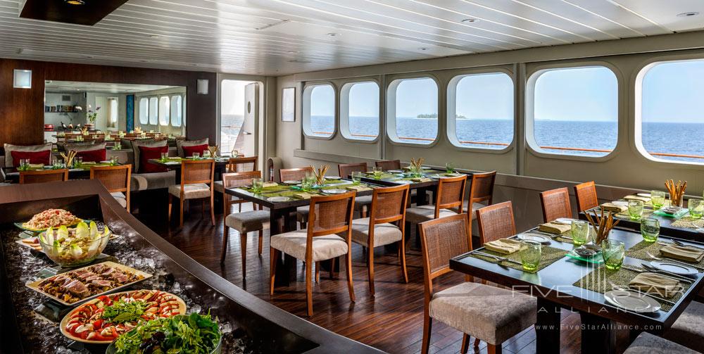 Aboard Four Seasons Explorer, Maldives each day begins with an array of buffet and a la carte breakfast choices. Lunch and dinner menus change dailythemed on regional creations from Indiathe MaldivesAsiaEurope and the Americas