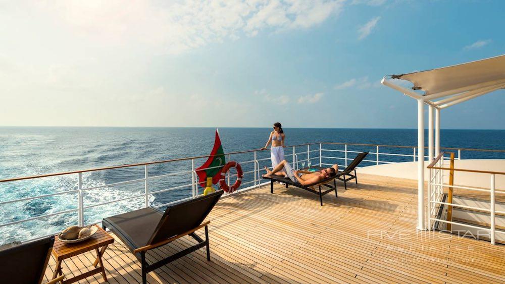 Deck of the Four Seasons Explorer catamaran yacht in the Maldives