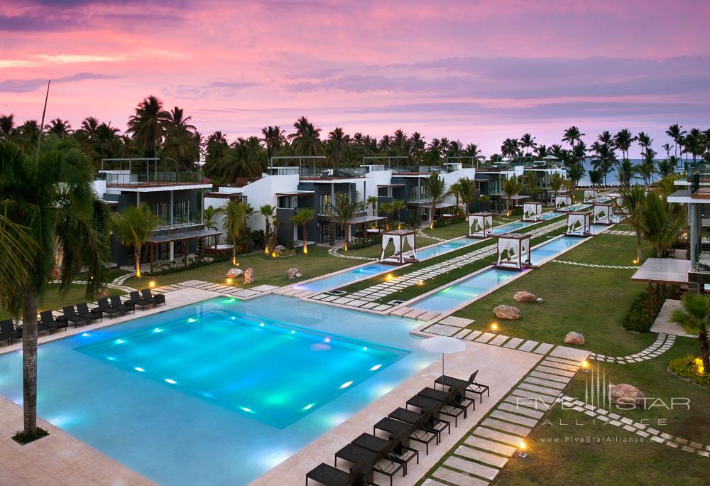 The 152 meter long pool dotted with cabanas at the Sublime Samana Hotel in Las Terrenas in the Dominican Republic