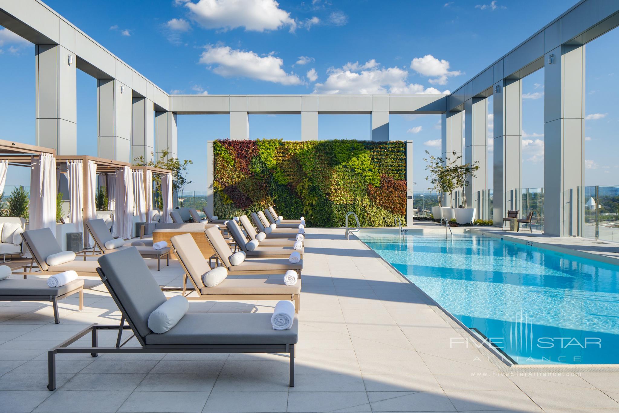 Perched on the 21st floor of The Joseph in Nashville the rooftop oasis features a 50-foot pool, plush lounge chairs, private cabanas, a living green wall, and a restaurant and bar named Denim, serving American fare with skyline views.
